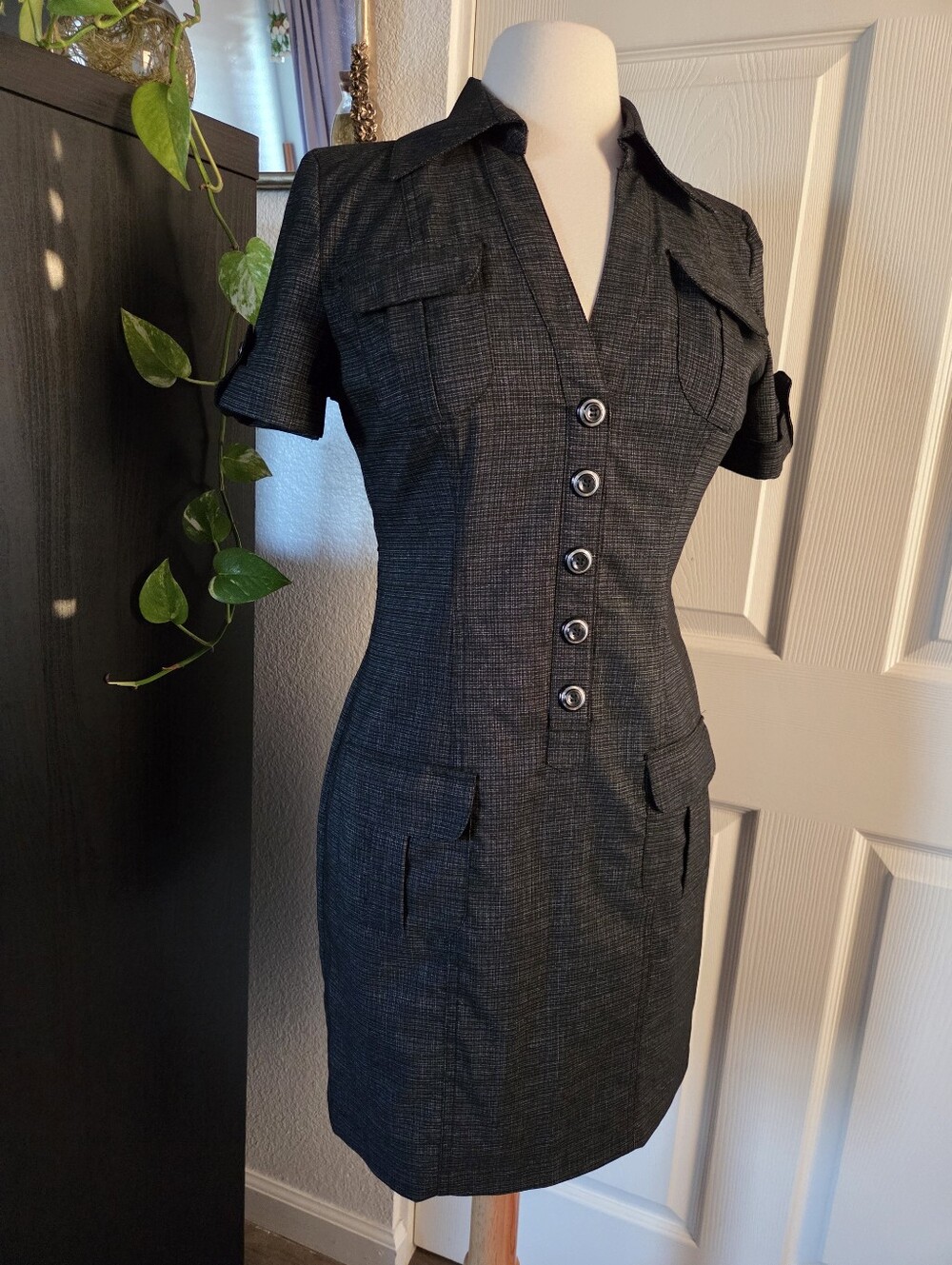 XOXO Charcoal Gray Heathered Fitted Midi Pencil Dress Button Down Size 9/10